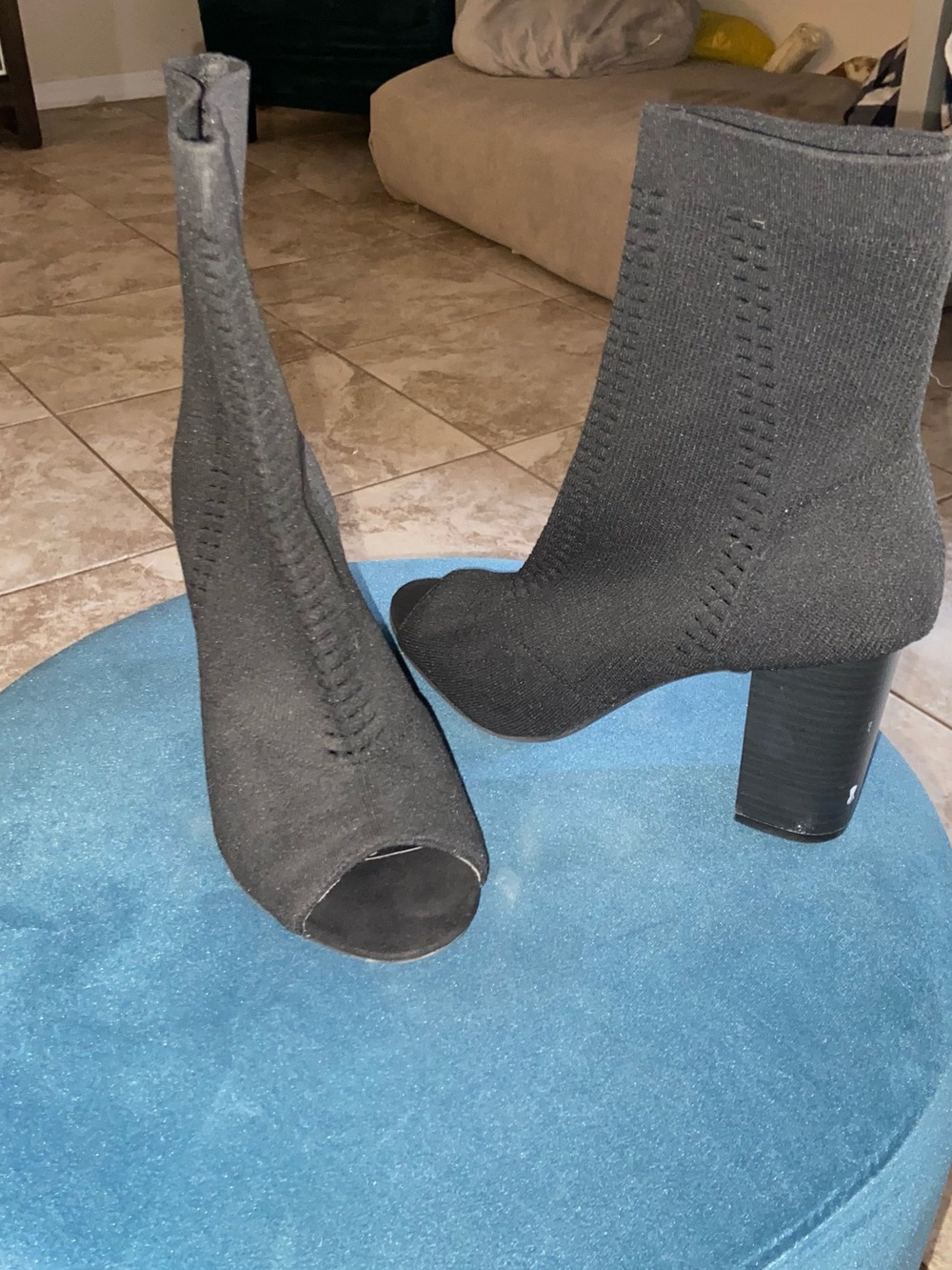 Massimo Black Knit Peep-Toe Block Heel Ankle Boots